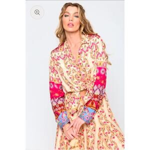 Aratta Silent Journey Whimsical Peacock Button Down Mixed Print Boho Long Sleeve